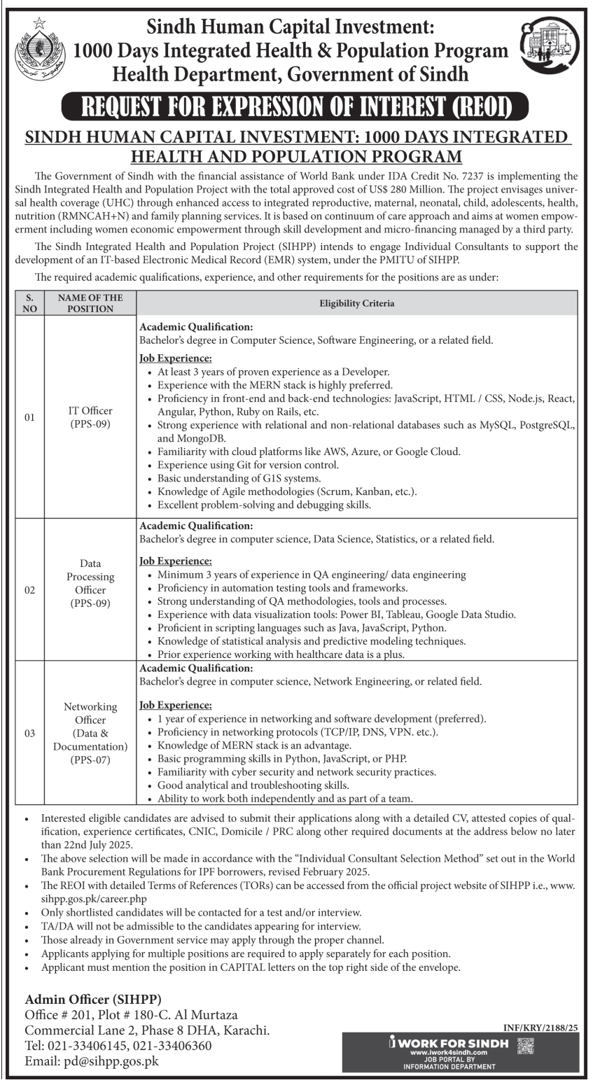 Health Department Jobs in Karachi 2025 – SIHPP Vacancies Advertisement