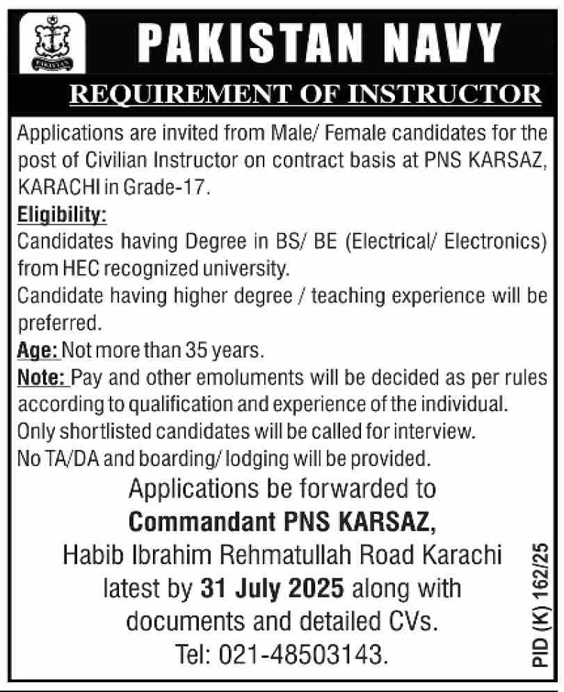 Pakistan Navy Jobs 2025 – Civilian Instructor Positions at PNS Karsaz Karachi